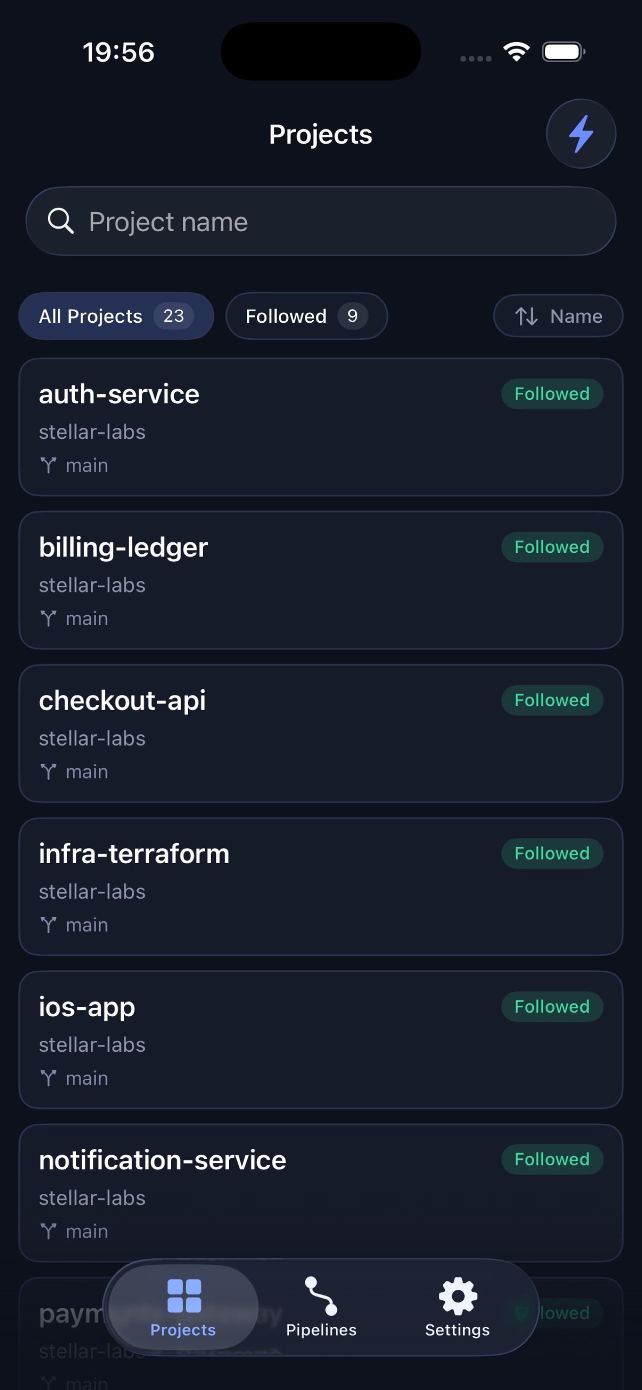 Pocket CI projects screen